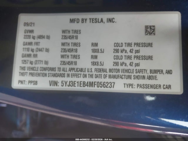 Auction sale of the 2021 Tesla Model 3 Long Range Dual Motor All-wheel Drive, vin: 5YJ3E1EB4MF056237, lot number: 44388232