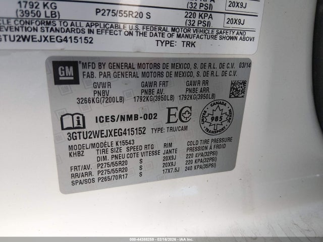 2014 Gmc Sierra 1500 Denali მანქანა იყიდება აუქციონზე, vin: 3GTU2WEJXEG415152, აუქციონის ნომერი: 44388259