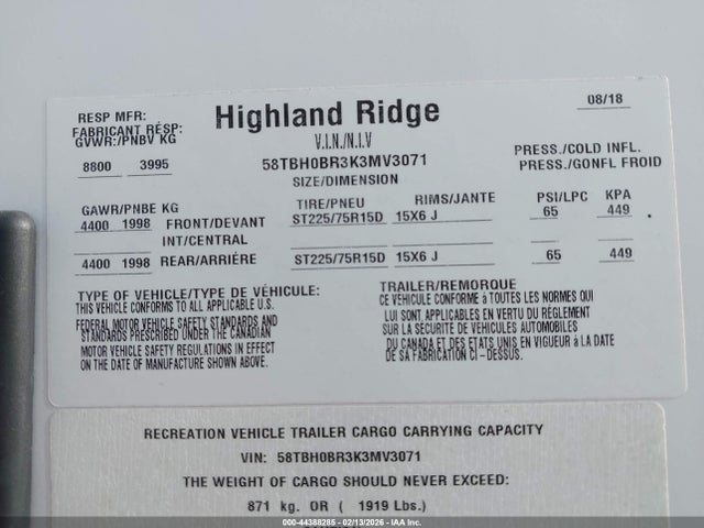 Продажа на аукционе авто 2019 Highland Ridge Mesa Ridge, vin: 58TBH0BR3K3MV3071, номер лота: 44388285