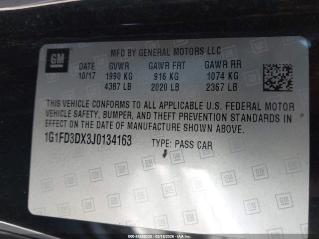 44388330 :رقم المزاد ، 1G1FD3DX3J0134163 vin ، 2018 Chevrolet Camaro 2lt مزاد بيع
