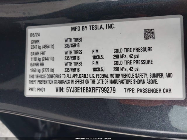 44388372 :رقم المزاد ، 5YJ3E1EBXRF799279 vin ، 2024 Tesla Model 3 Long Range Dual Motor All-wheel Drive مزاد بيع