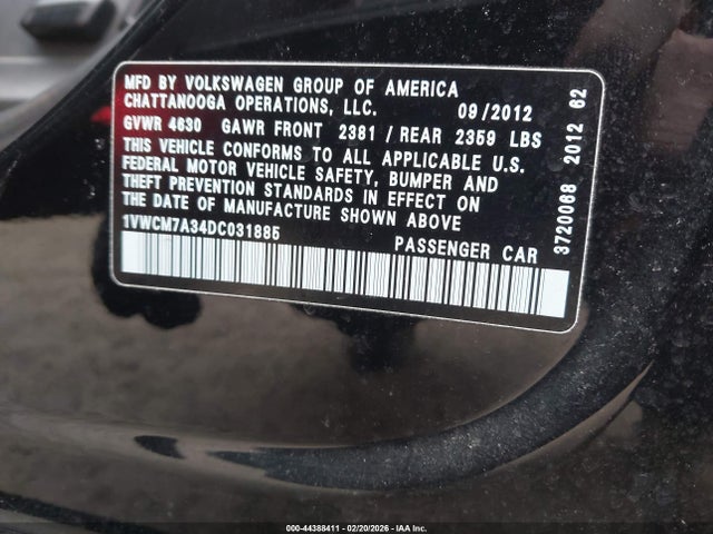 44388411 :رقم المزاد ، 1VWCM7A34DC031885 vin ، 2013 Volkswagen Passat 3.6l V6 Sel Premium مزاد بيع