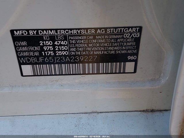 2003 Mercedes-benz E 320 მანქანა იყიდება აუქციონზე, vin: WDBUF65J23A239227, აუქციონის ნომერი: 44388414