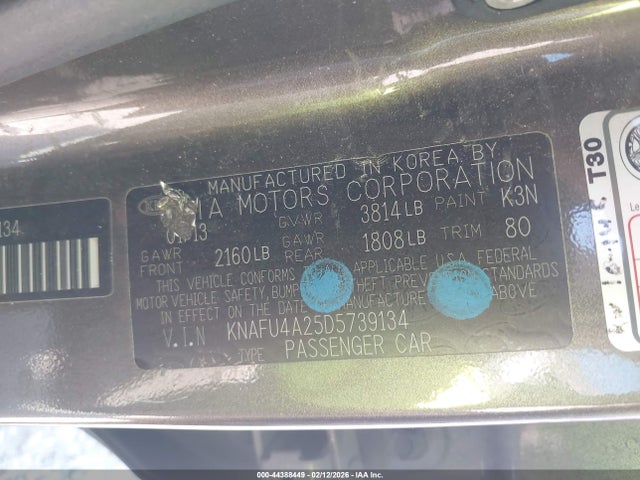 2013 Kia Forte Ex მანქანა იყიდება აუქციონზე, vin: KNAFU4A25D5739134, აუქციონის ნომერი: 44388449
