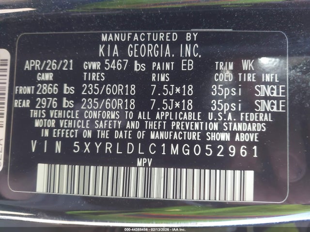 2021 Kia Sorento S მანქანა იყიდება აუქციონზე, vin: 5XYRLDLC1MG052961, აუქციონის ნომერი: 44388456