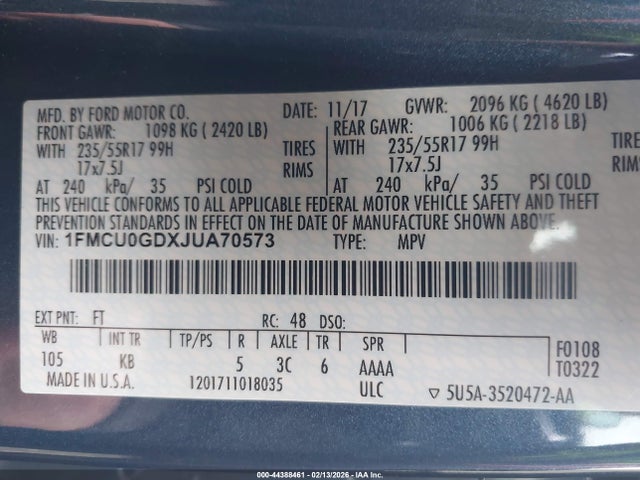 1FMCU0GDXJUA70573 Ford ESCAPE SE
