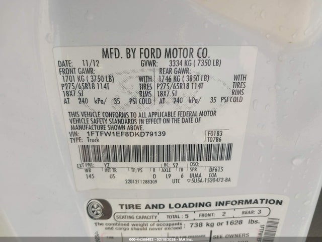 2013 Ford F-150 Xlt მანქანა იყიდება აუქციონზე, vin: 1FTFW1EF8DKD79139, აუქციონის ნომერი: 44388482
