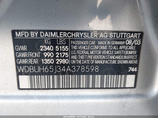 2004 Mercedes-benz E 320 მანქანა იყიდება აუქციონზე, vin: WDBUH65J34A378598, აუქციონის ნომერი: 44388509