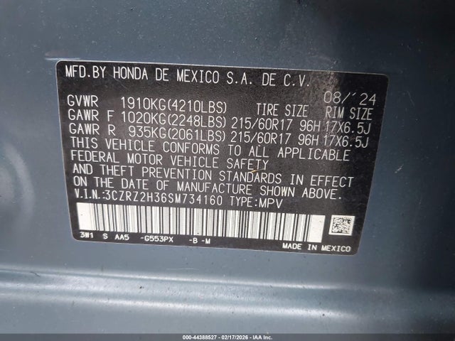Продажа на аукционе авто 2025 Honda Hr-v Awd Lx, vin: 3CZRZ2H36SM734160, номер лота: 44388527