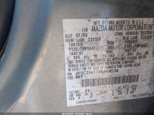 Aukcja sprzedaży 2004 Mazda Tribute Es V6, vin: 4F2CZ96114KM08136, numer aukcji: 44388535