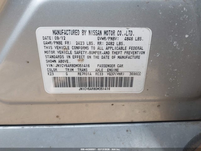 2013 Infiniti G37x მანქანა იყიდება აუქციონზე, vin: JN1CV6AR8DM351416, აუქციონის ნომერი: 44388551