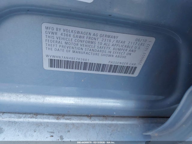 Продажа на аукционе авто 2011 Volkswagen Cc Lux Plus, vin: WVWHN7AN4BE703601, номер лота: 44388579