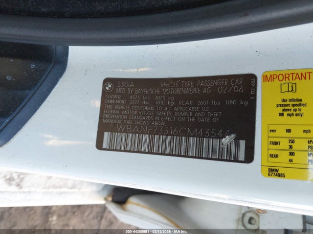 44388581 :رقم المزاد ، WBANE73516CM43544 vin ، 2006 Bmw 530i مزاد بيع