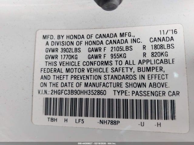 Aukcja sprzedaży 2017 Honda Civic Touring, vin: 2HGFC3B90HH352860, numer aukcji: 44388627