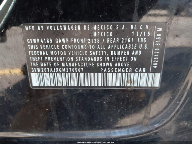 44388668 :رقم المزاد ، 3VW267AJXGM276567 vin ، 2016 Volkswagen Jetta 1.4t S مزاد بيع