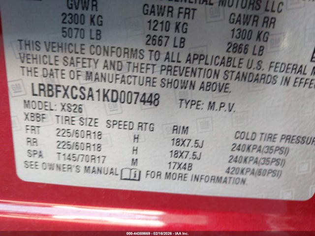 Aukcja sprzedaży 2019 Buick Envision Fwd Essence, vin: LRBFXCSA1KD007448, numer aukcji: 44388669