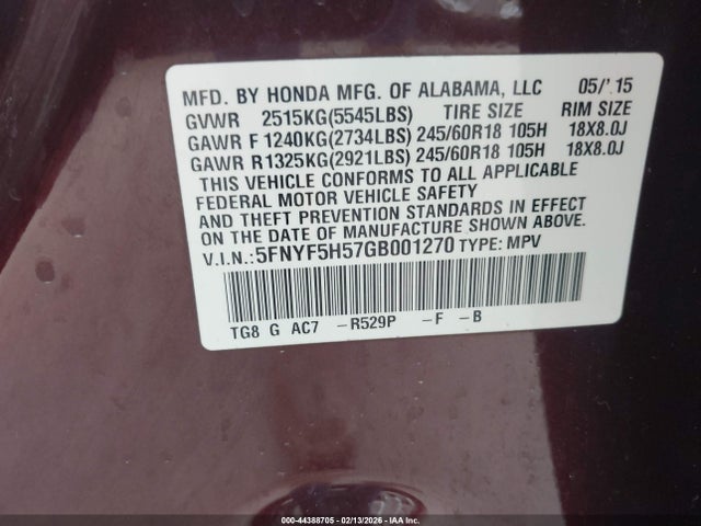5FNYF5H57GB001270 Honda Pilot Ex-l