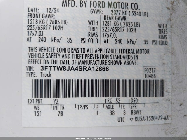 2025 Ford Maverick Xlt მანქანა იყიდება აუქციონზე, vin: 3FTTW8JA4SRA12866, აუქციონის ნომერი: 44388715