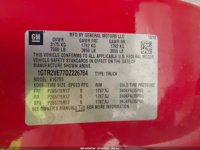 Продаж на аукціоні авто 2013 Gmc Sierra 1500 Sle, vin: 1GTR2VE77DZ226784, номер лоту: 44388740