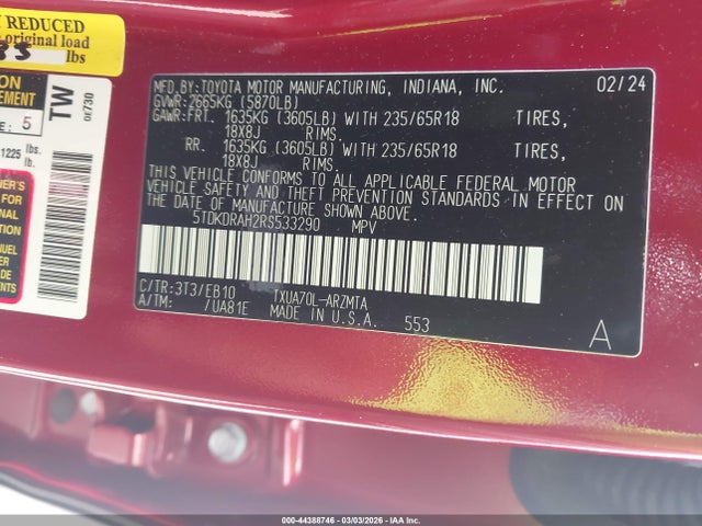 44388746 :رقم المزاد ، 5TDKDRAH2RS533290 vin ، 2024 Toyota Highlander Xle مزاد بيع