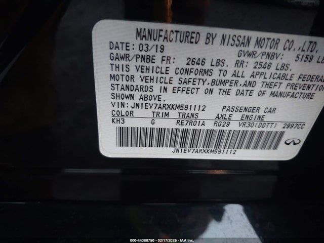 2019 Infiniti Q50 3.0t Signature Edition მანქანა იყიდება აუქციონზე, vin: JN1EV7ARXKM591112, აუქციონის ნომერი: 44388750