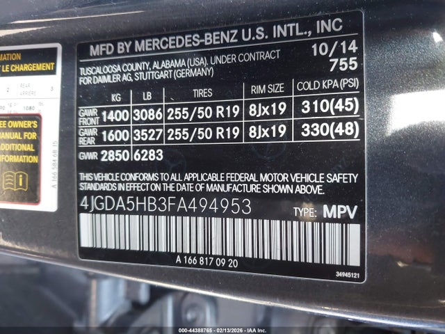44388765 :رقم المزاد ، 4JGDA5HB3FA494953 vin ، 2015 Mercedes-benz Ml 350 4matic مزاد بيع