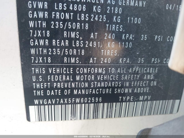 WVGAV7AX5FW602596 Volkswagen Tiguan Sel
