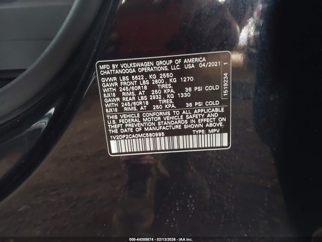 44388874 :رقم المزاد ، 1V2DP2CA0MC580995 vin ، 2021 Volkswagen Atlas 2.0t Se مزاد بيع