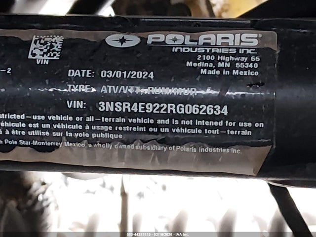 44388889 :رقم المزاد ، 3NSR4E922RG062634 vin ، 2024 Polaris Rzr Pro Xp 4 Sport مزاد بيع
