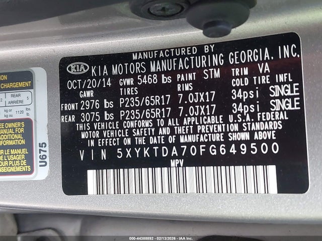5XYKTDA70FG649500 KIA Sorento Lx V6