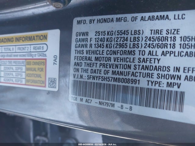 44388934 :رقم المزاد ، 5FNYF5H57MB008991 vin ، 2021 Honda Pilot 2wd Ex-l مزاد بيع