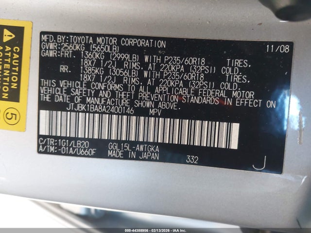44388956 :رقم المزاد ، JTJBK1BA8A2400146 vin ، 2010 Lexus Rx 350 مزاد بيع