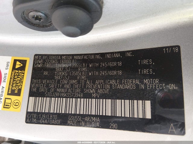 5TDJZRFH6KS573948 Toyota Highlander Xle