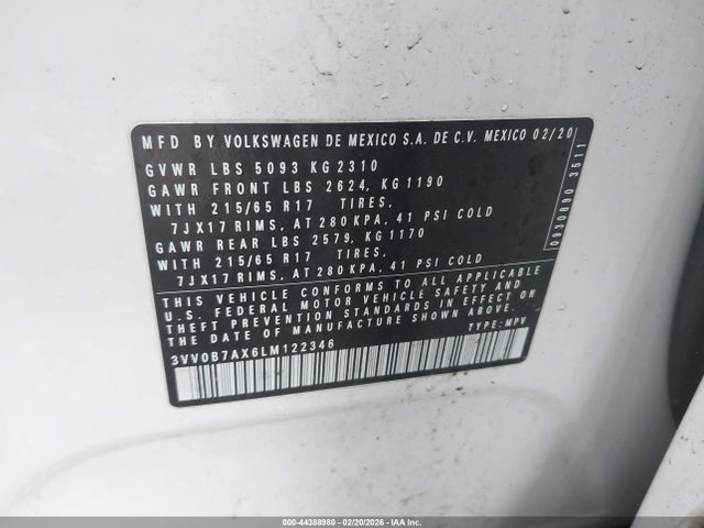 Aukcja sprzedaży 2020 Volkswagen Tiguan 2.0t S, vin: 3VV0B7AX6LM122346, numer aukcji: 44388980