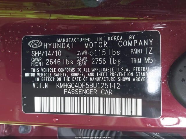 Aukcja sprzedaży 2011 Hyundai Genesis 4.6, vin: KMHGC4DF5BU125112, numer aukcji: 44388999