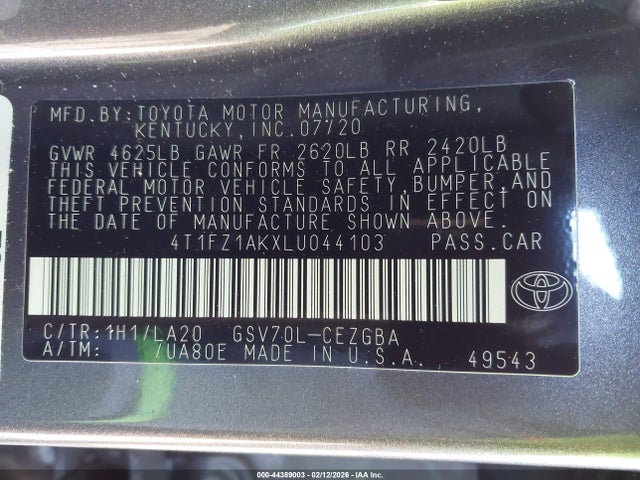 4T1FZ1AKXLU044103 Toyota Camry Xle V6