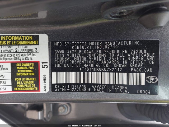 2019 TOYOTA CAMRY 4T1B11HK0KU222112 Photo 8