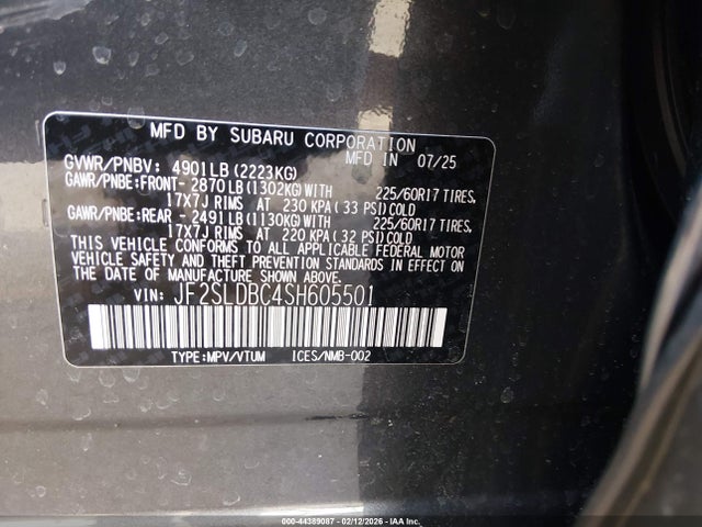 2025 Subaru Forester Premium მანქანა იყიდება აუქციონზე, vin: JF2SLDBC4SH605501, აუქციონის ნომერი: 44389087