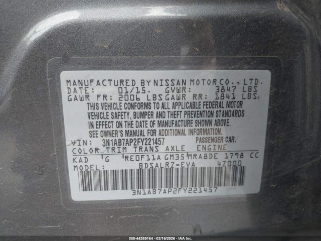 Продажа на аукционе авто 2015 Nissan Sentra Sr, vin: 3N1AB7AP2FY221457, номер лота: 44389164