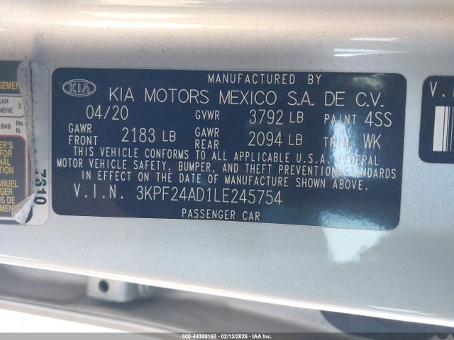44389168 :رقم المزاد ، 3KPF24AD1LE245754 vin ، 2020 Kia Forte Lxs مزاد بيع