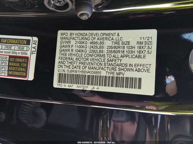 44389210 :رقم المزاد ، 5J6RW1H59NA006855 vin ، 2022 Honda Cr-v 2wd Ex مزاد بيع