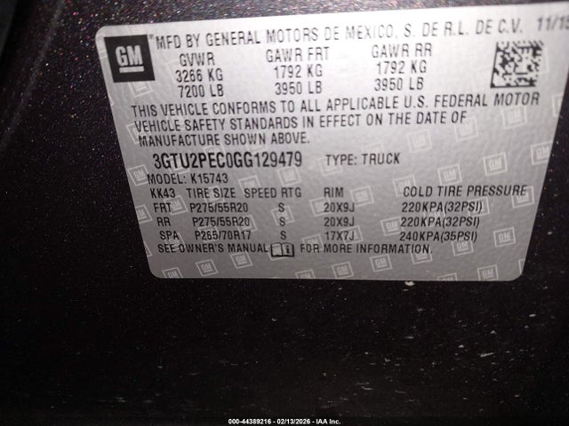 44389216 :رقم المزاد ، 3GTU2PEC0GG129479 vin ، 2016 Gmc Sierra 1500 Denali مزاد بيع