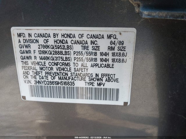 44389262 :رقم المزاد ، 2HNYD28619H516835 vin ، 2009 Acura Mdx Technology Package مزاد بيع
