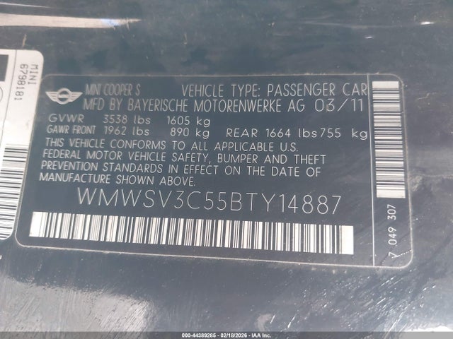 44389285 :رقم المزاد ، WMWSV3C55BTY14887 vin ، 2011 Mini Cooper S مزاد بيع
