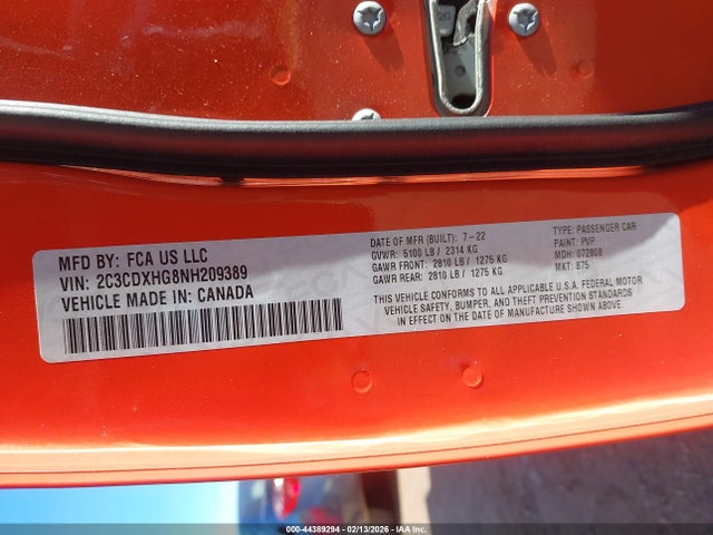 Продажа на аукционе авто 2022 Dodge Charger Gt Rwd, vin: 2C3CDXHG8NH209389, номер лота: 44389294