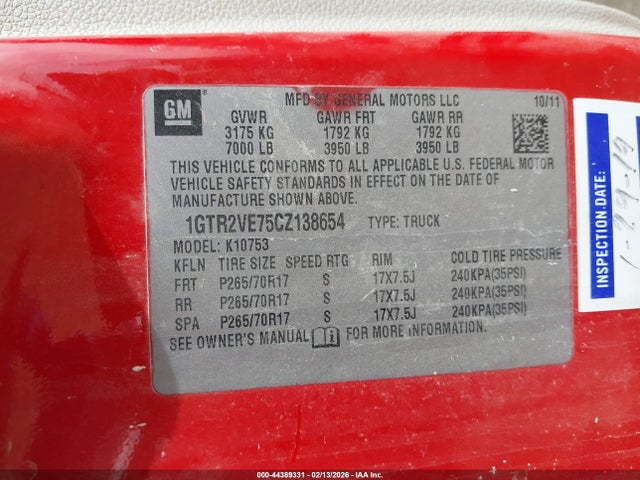 Продажа на аукционе авто 2012 Gmc Sierra 1500 Sle, vin: 1GTR2VE75CZ138654, номер лота: 44389331