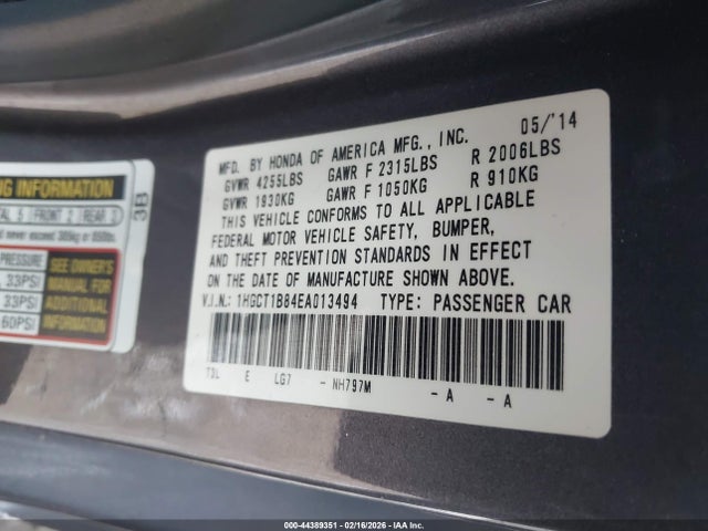 Aukcja sprzedaży 2014 Honda Accord Ex-l, vin: 1HGCT1B84EA013494, numer aukcji: 44389351