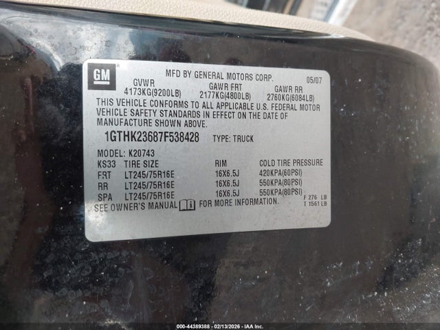 Aukcja sprzedaży 2007 Gmc Sierra 2500hd Sle2, vin: 1GTHK23687F538428, numer aukcji: 44389388
