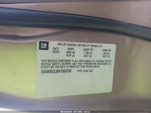 44389439 :رقم المزاد ، 2G4WS52J841309759 vin ، 2004 Buick Century مزاد بيع