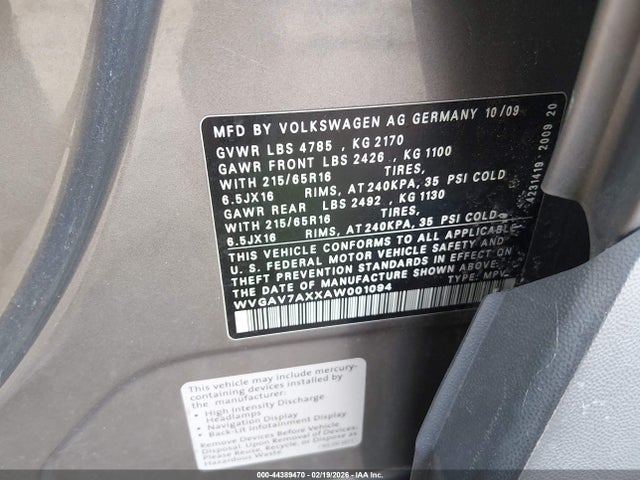 Продаж на аукціоні авто 2010 Volkswagen Tiguan S, vin: WVGAV7AXXAW001094, номер лоту: 44389470